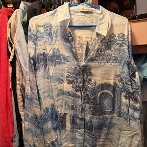 Alice + Olivia Blue and Cream Scenic Print Blouse